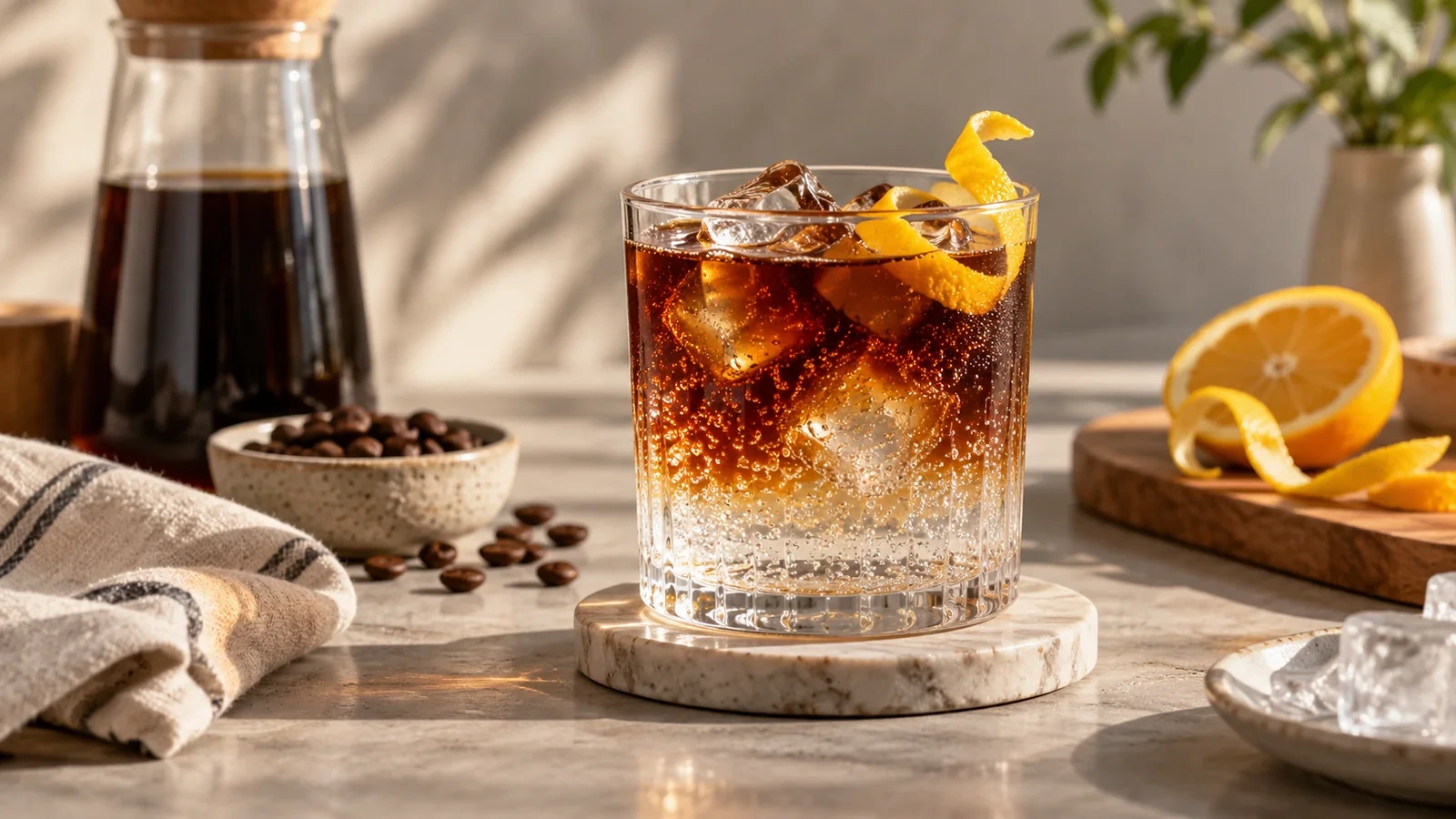 Cold brew tonic con hielo, burbujas y piel de cítrico en un vaso bajo