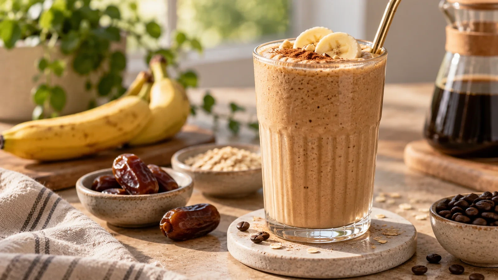 Frappé de café y plátano cremoso con rodajas de plátano, dátiles y café