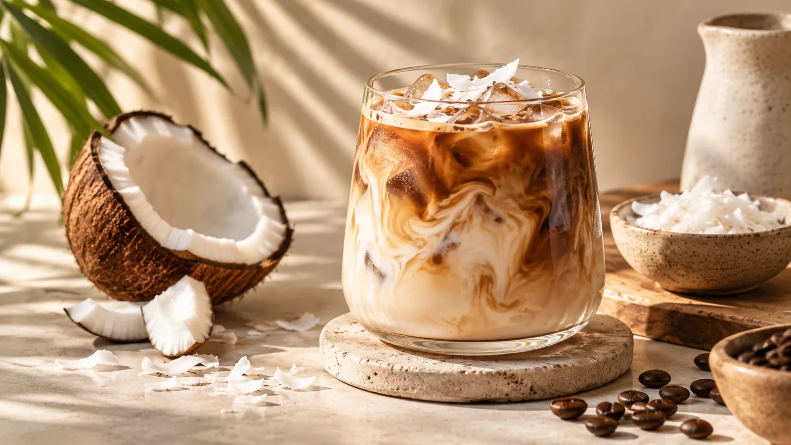 Iced coffee con coco y leche de coco servido con hielo y coco fresco