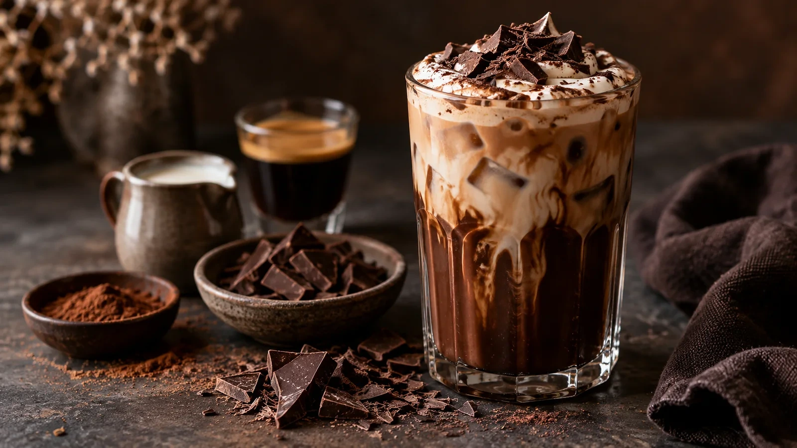 Iced mocha de chocolate negro con hielo, crema ligera, cacao y virutas de chocolate