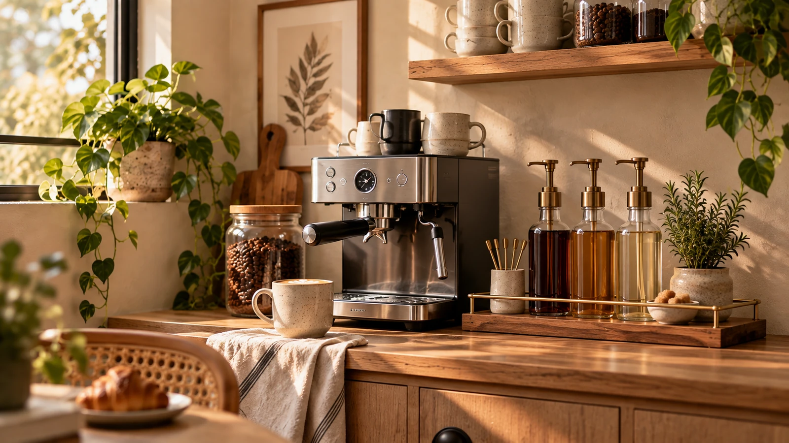 Fotografía editorial para Cómo organizar siropes de café sin convertir la encimera en un bar