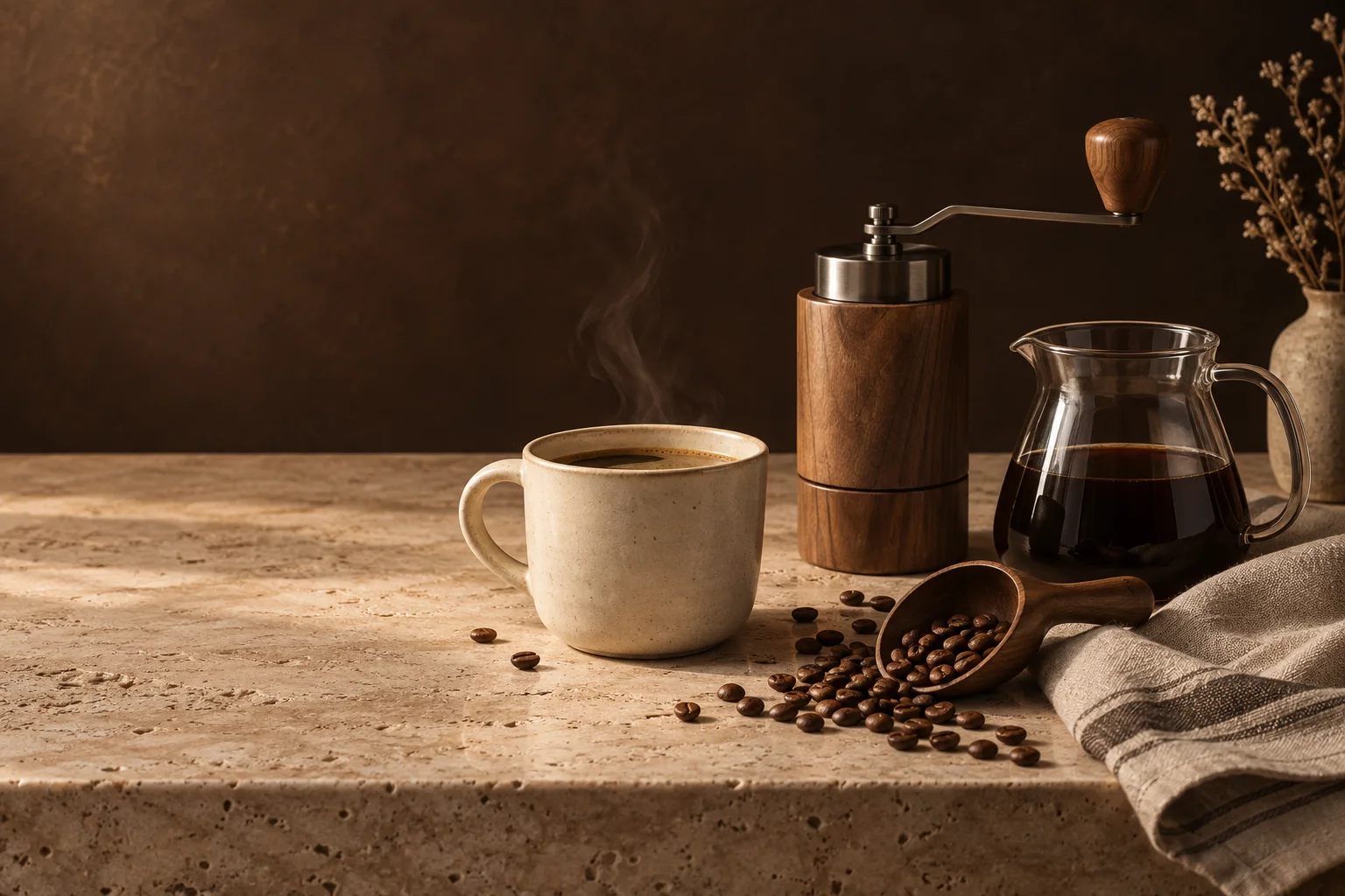 Accesorios de barista en casa sobre una encimera de piedra