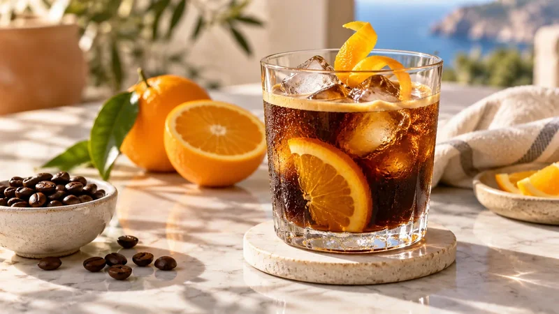 Café frío con naranja servido con hielo, rodaja de naranja y piel cítrica