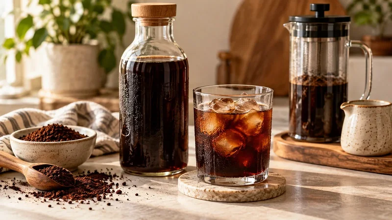Cold brew casero servido con hielo junto a una botella de café frío y una prensa francesa