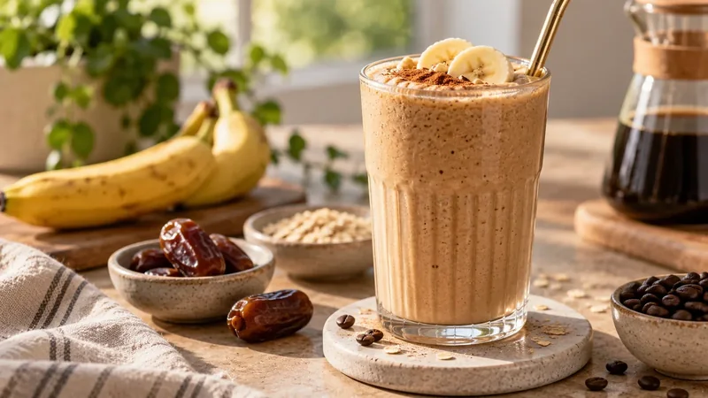 Frappé de café y plátano cremoso con rodajas de plátano, dátiles y café