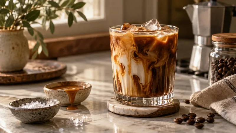 Iced coffee de caramelo salado con hielo, salsa de caramelo y escamas de sal marina