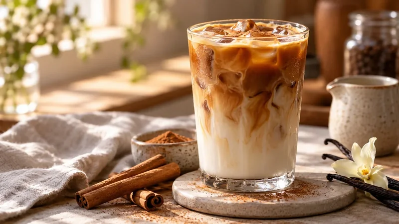 Iced latte de canela y vainilla con hielo, leche, espresso, canela en rama y vainilla