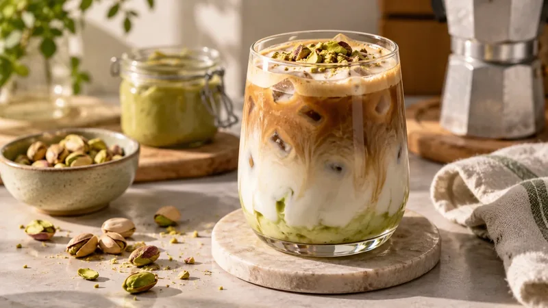 Iced latte de pistacho cremoso con espresso, leche y pistachos troceados