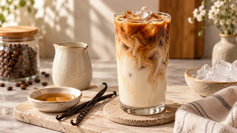 Iced latte de vainilla con espresso, leche fría, hielo y vainas de vainilla sobre una mesa clara