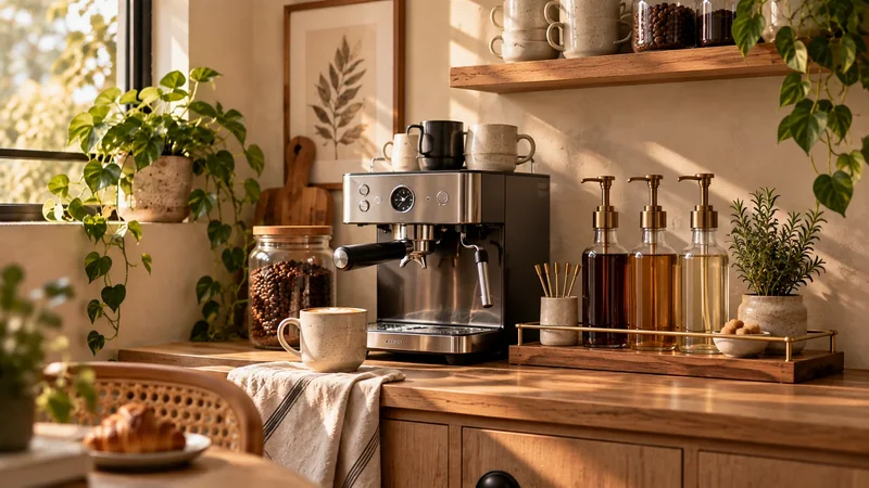 Fotografía editorial para Cómo organizar siropes de café sin convertir la encimera en un bar