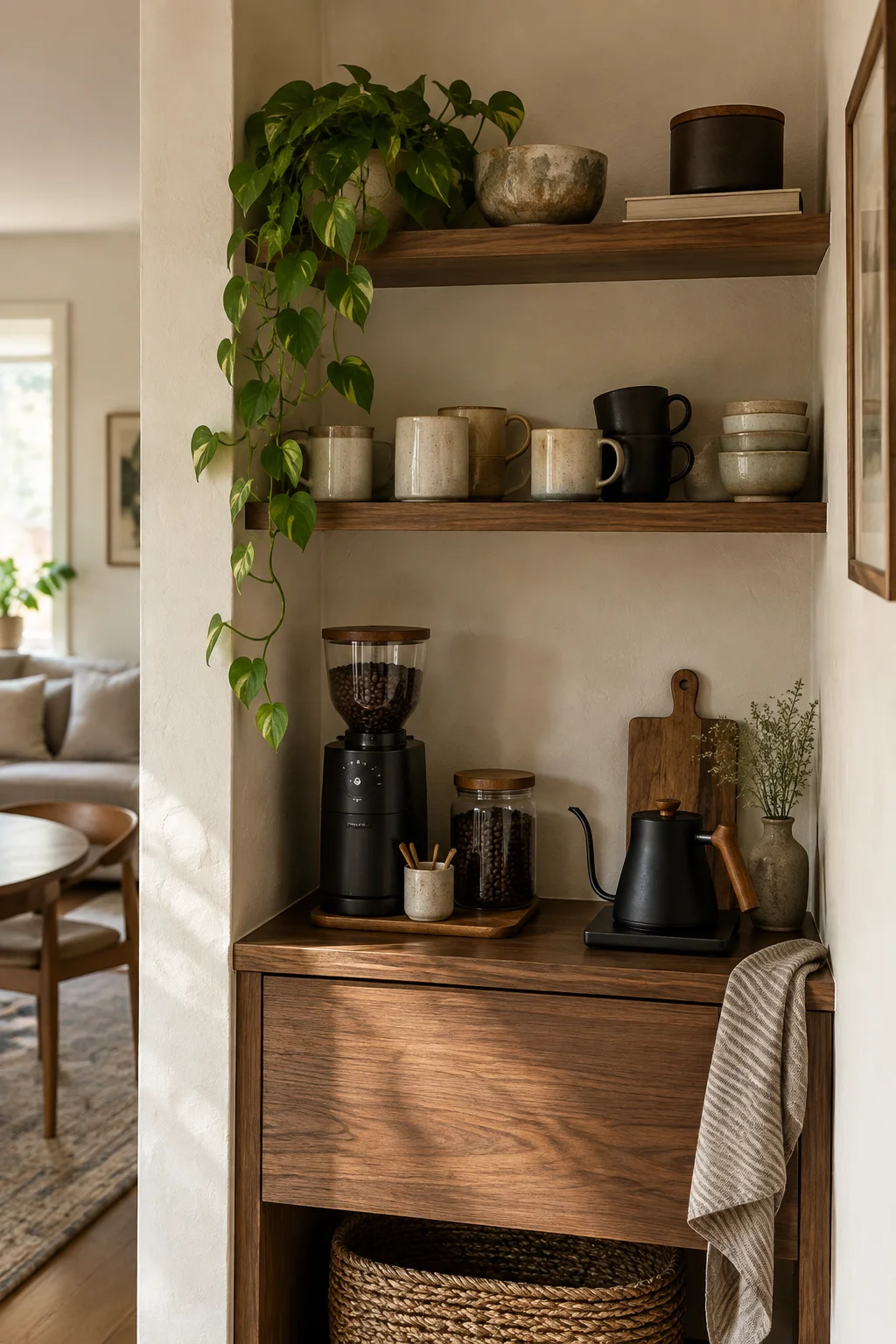 Coffee corner pequeño y cálido con estantes de madera